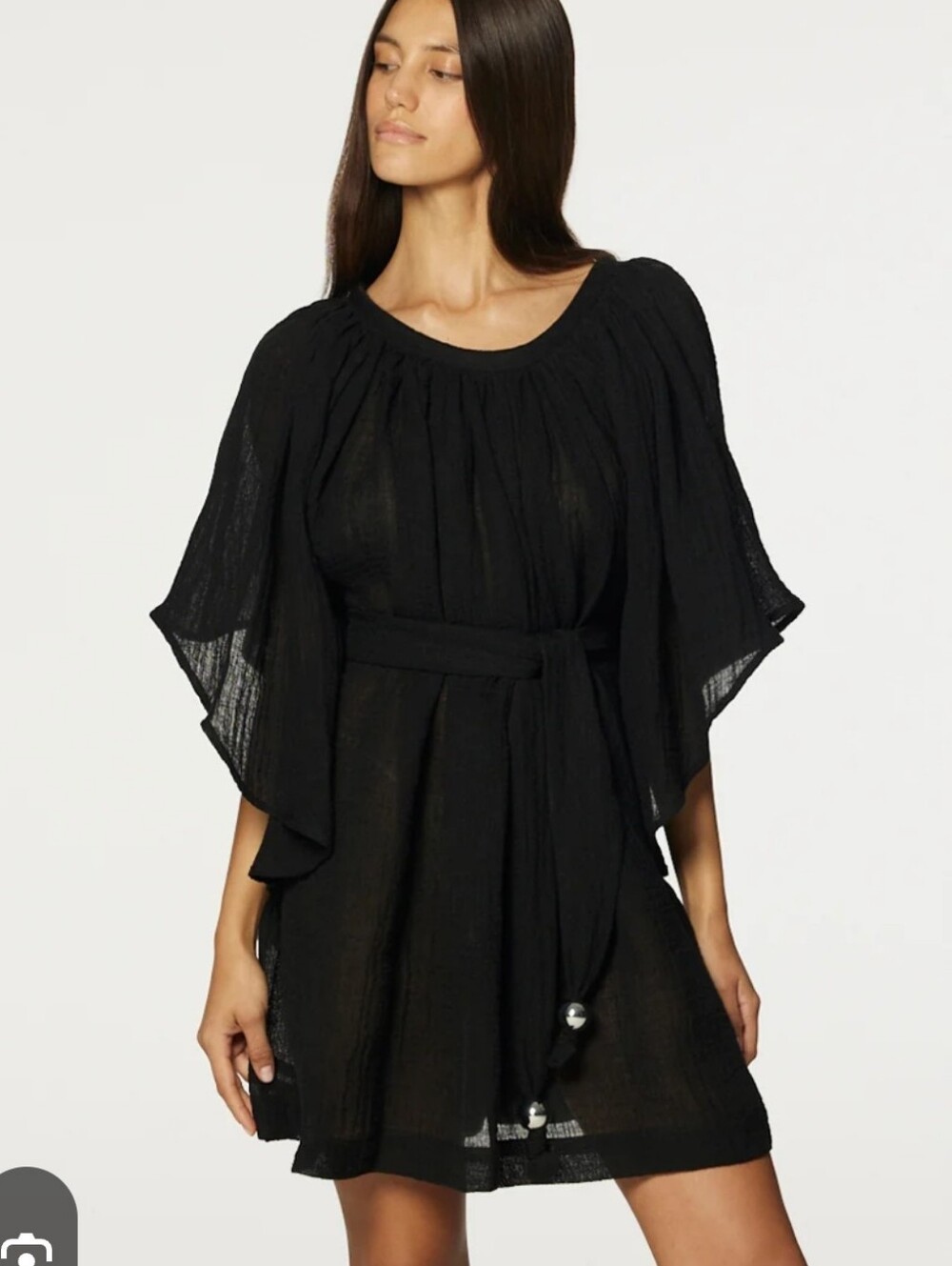 Lisa Marie Fernandez "The Angel Sleeve" Black Belted Mini Dress in Cotton Gauze